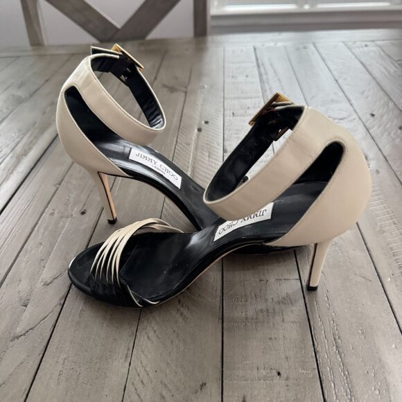 Jimmy Choo Livvi 85 Two-tone Leather Sandals Heels White Black - Picture 11 of 14